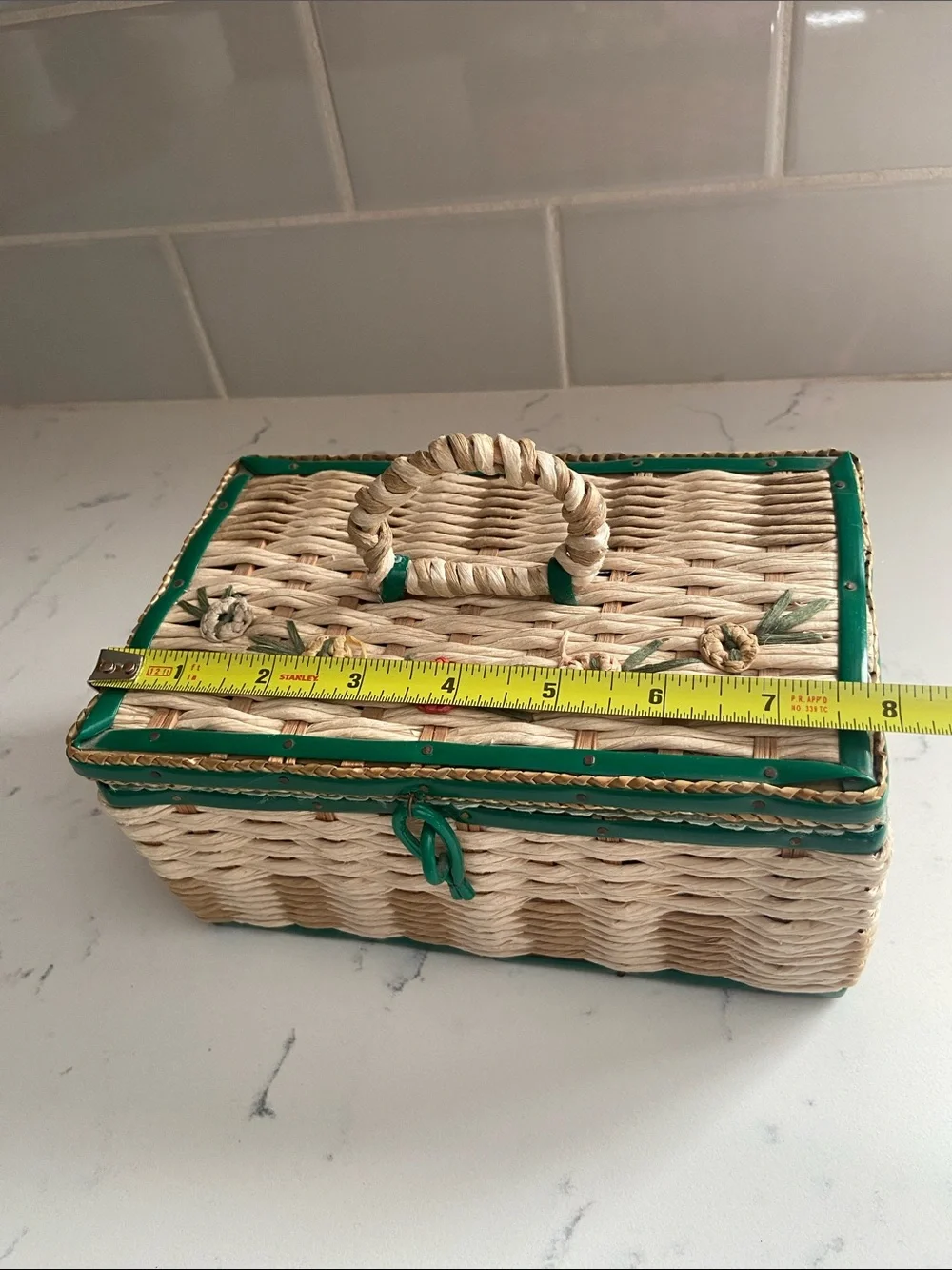 Vintage 1950s Woven Sewing Basket Green Floral Raffia